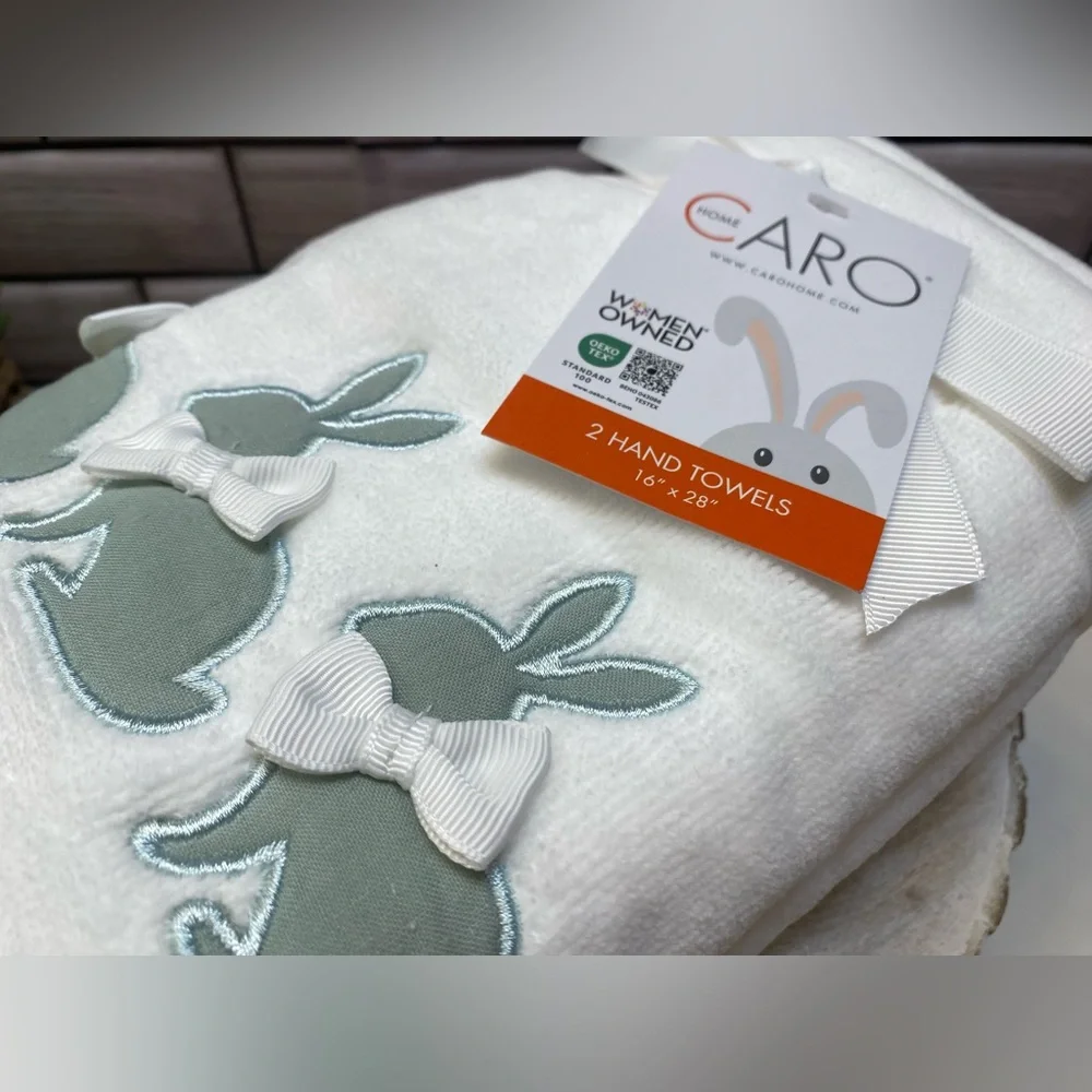 CARO HOME ❤️ 2pk Hampshire Bunny With Bow Cotton Hand Towels NWT